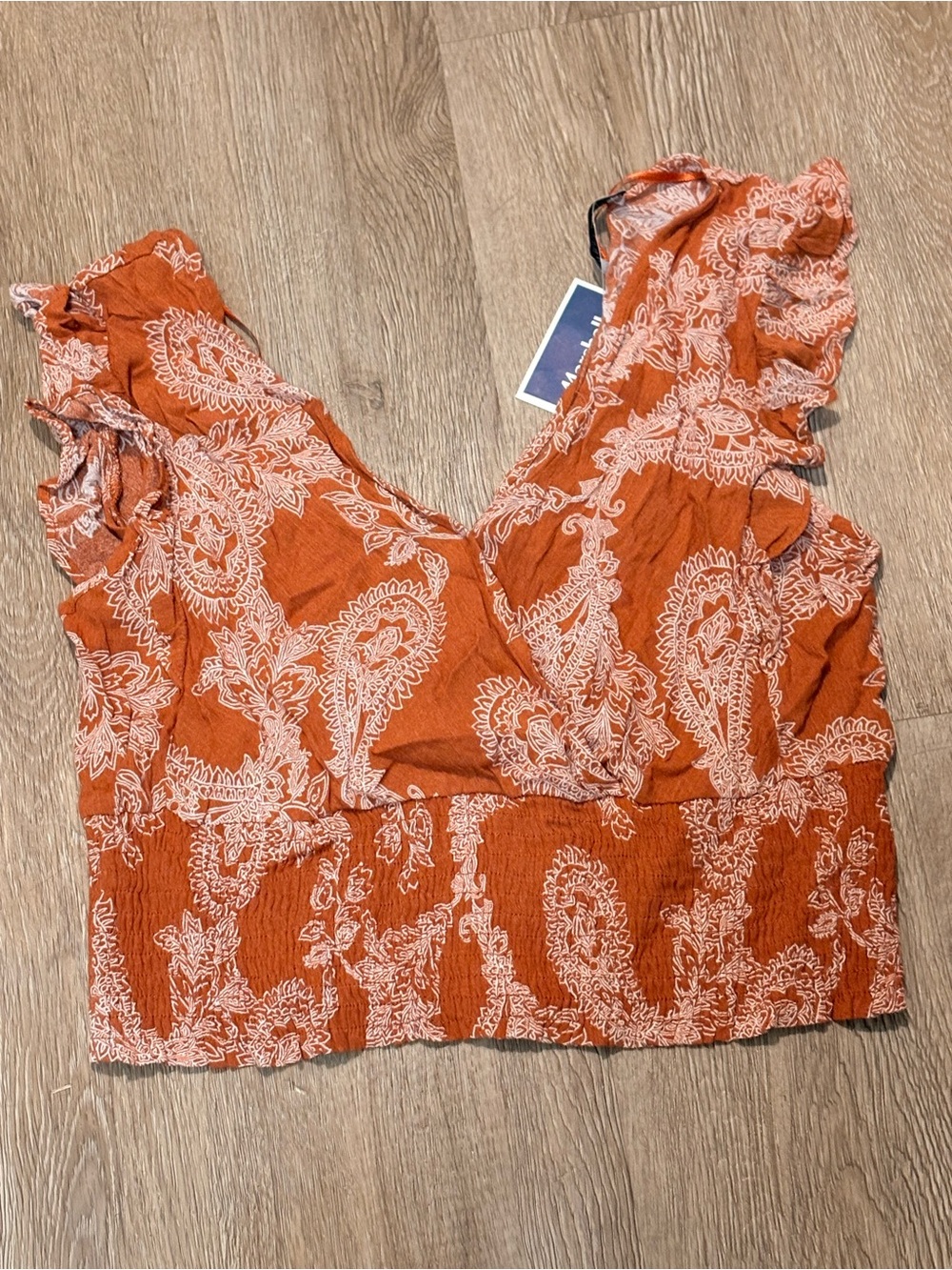NWT Paper Crane Women's Rust Paisley Ruffle Crop Top